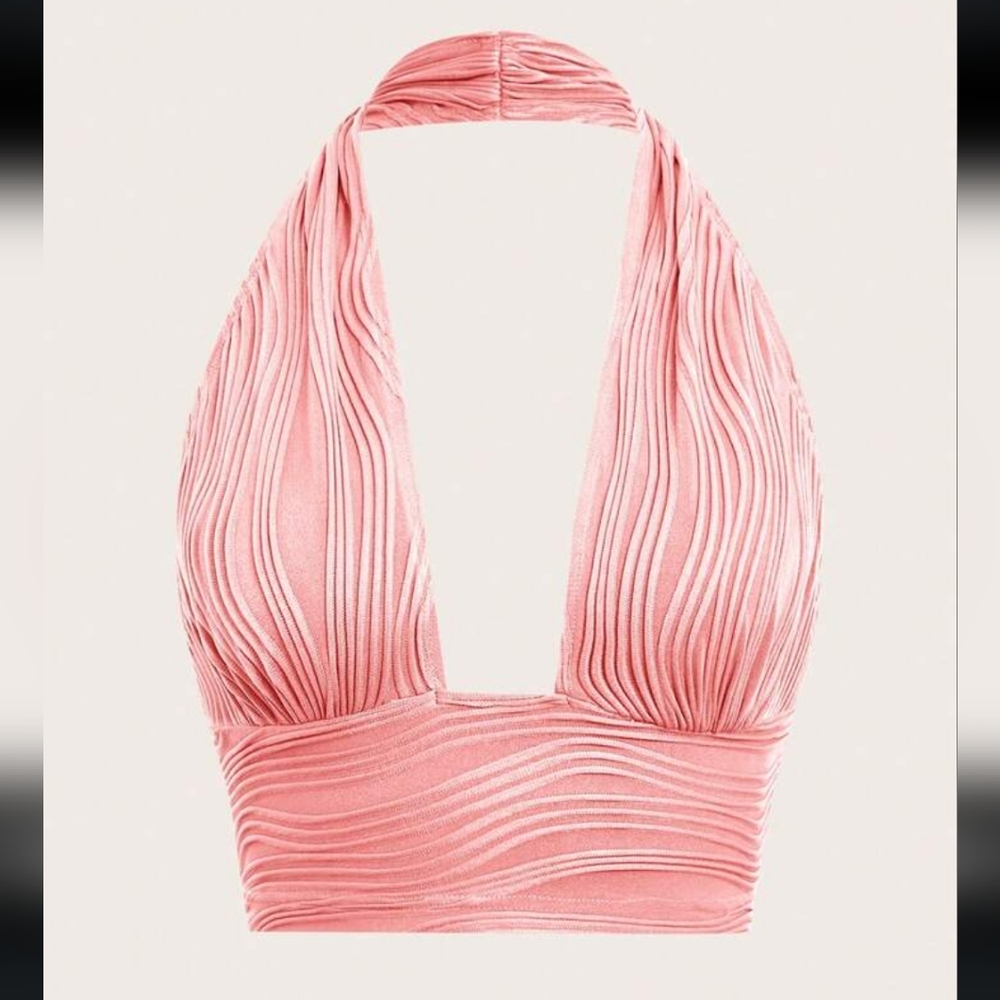 Sexy Wavy Ribbed Pink Halter Crop Top (8/10)